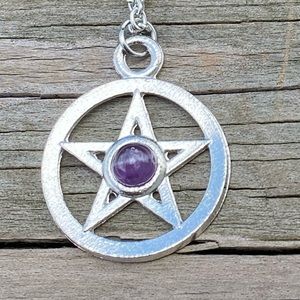 Pentacle Pendant Necklace silver tone with Amethyst stone